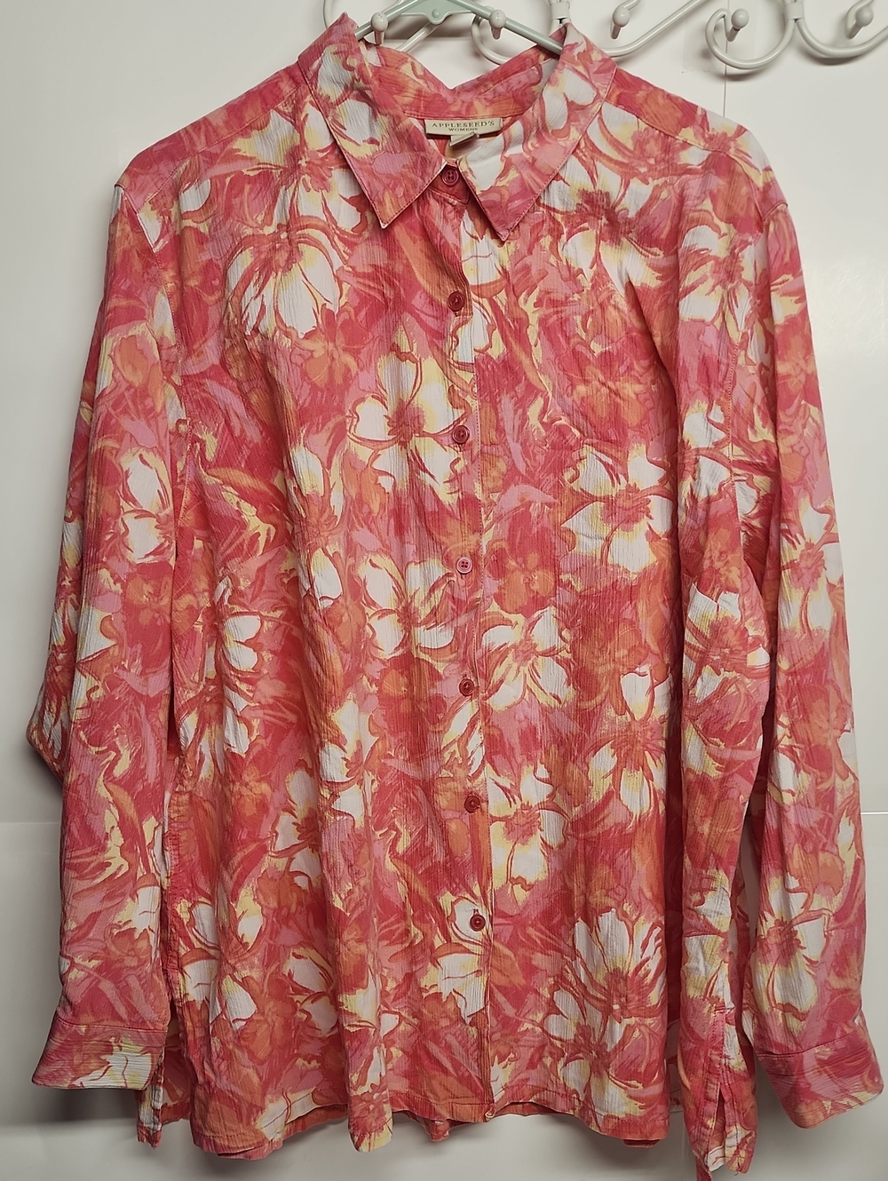 Appleseed's Coral Pink Floral Button-down Shirt Sz 3X 100% Cotton GARDENCORE